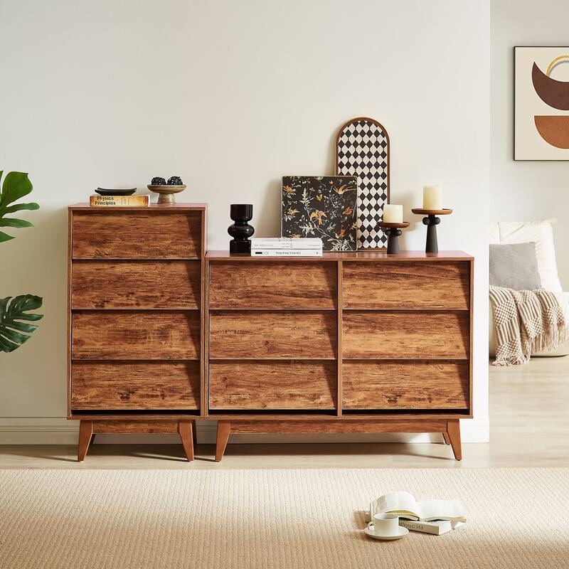 4 Drawer Double Dresser Features Vintage-style and Bevel Design - Brown