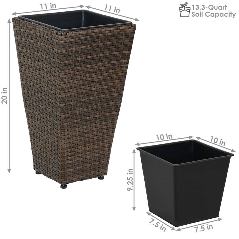 Sunnydaze Tall Square Brown Polyrattan Planter - 20-Inch - Set of 2 - 20-Inch Tall