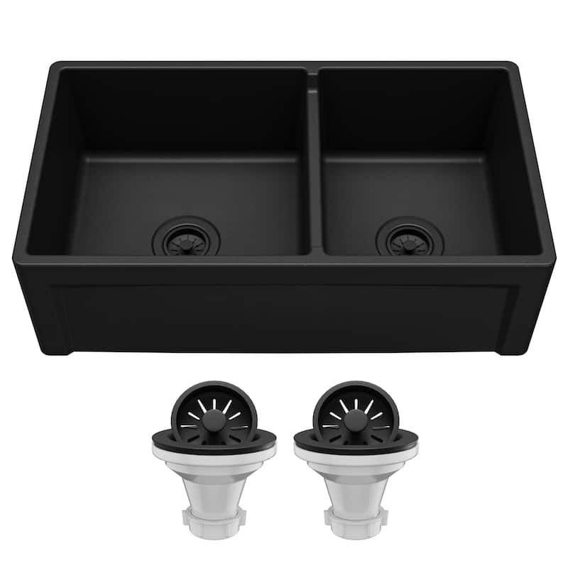 Karran 33" Double Bowl Panel Front Farmhouse Fireclay Kitchen Sink with Reversible Apron Front