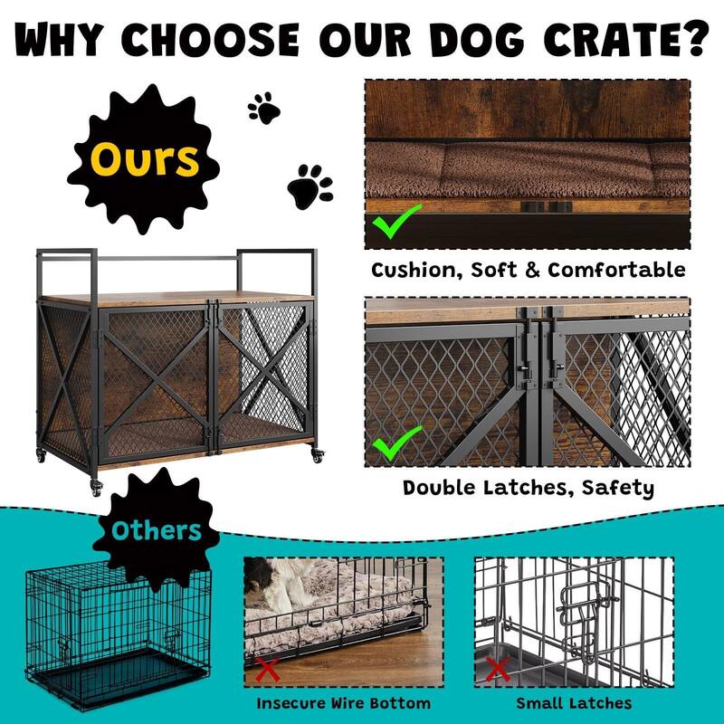 Dog Crate Furniture, with Lockable 360° Wheels