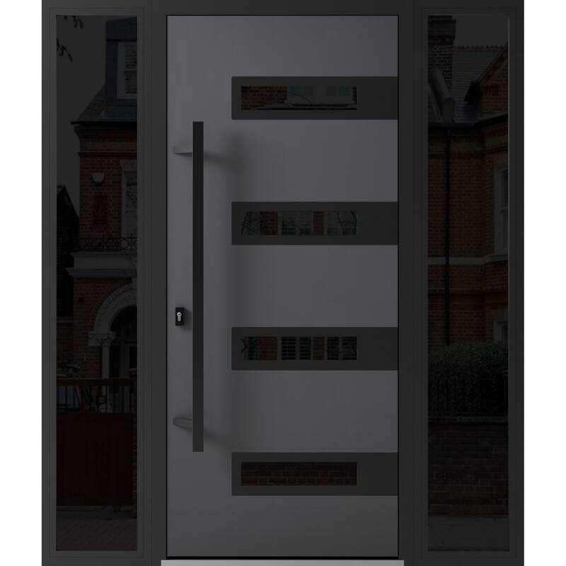Front Prehung Steel Door Ronex 1055 Teak 2 Side and Top Window Sidelite W16+36+16xH80+16 Lh I - Grey - 68 x 80