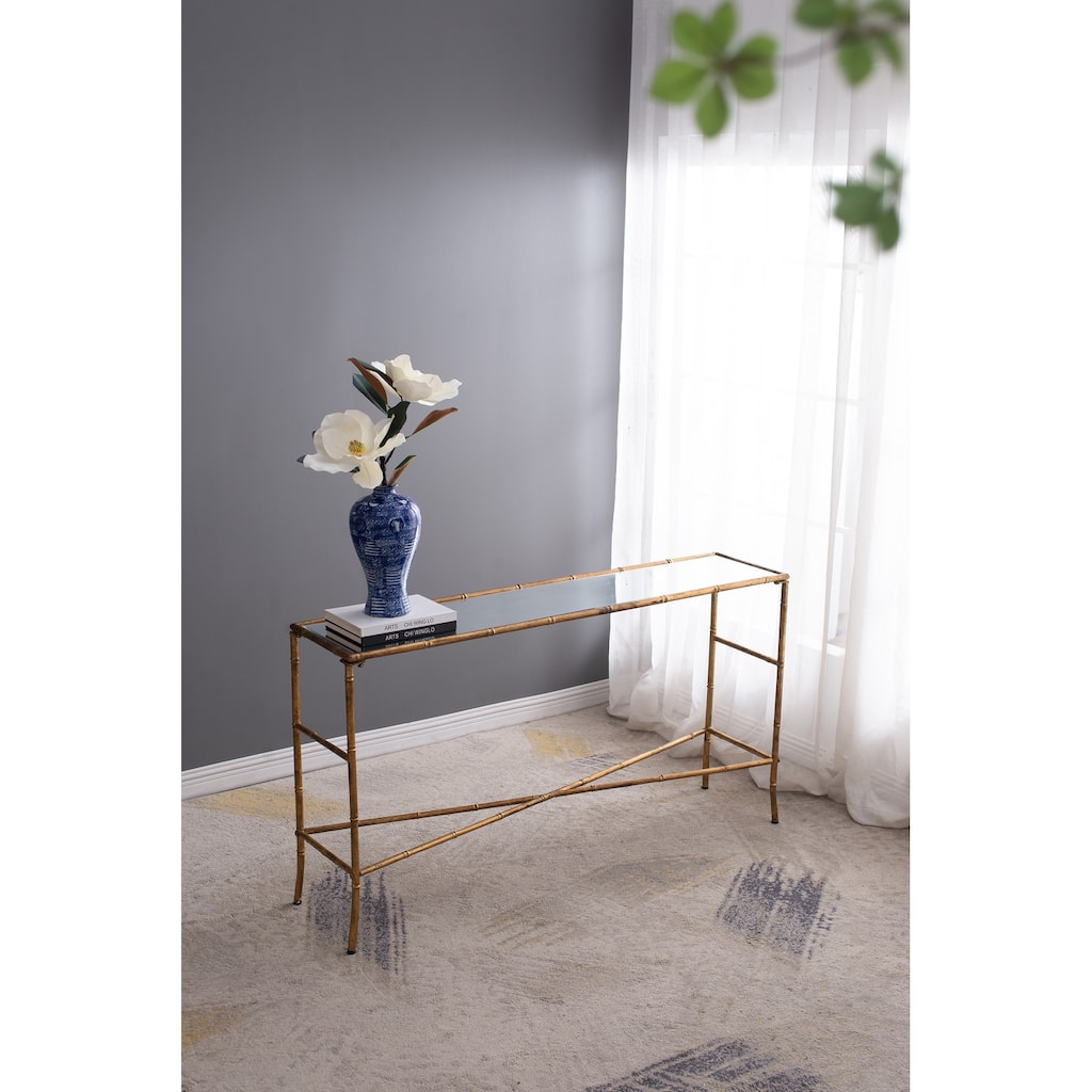56.5x14x30" Antique Gold Console Table, Mirrored Top