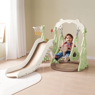 Indoor & Outdoor Toddler Freestanding Slide and Swing Set 3 in 1 with Basketball Hoops Combo
