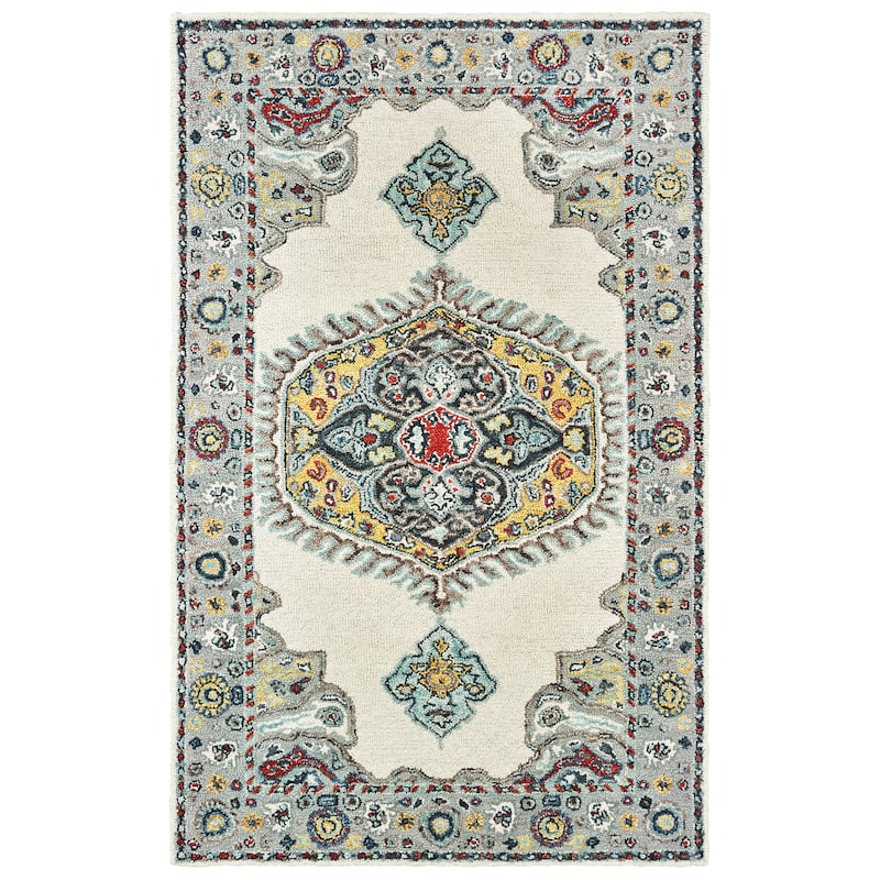 Taverny Ivory Grey Hand-Tufted Wool Oriental Medallion Traditional Casual Area Rug