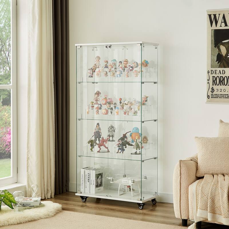 4 Tier Glass Display Cabinet, Double Door Glass Cabinet with Two Locks, Floor Standing Storage Cabinet with 6 Acrylic Shelves - White