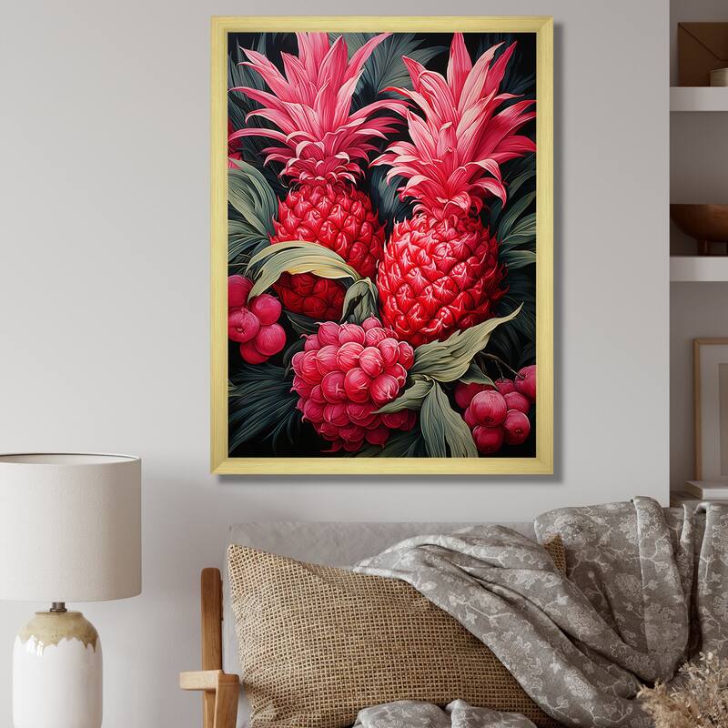 Designart "Rustic Pink Pineapple Impression II" Pineapples Wall Decor Pink - Traditional Entryway Framed Wall Art - 24 in. wide x 32 in. high - Gold