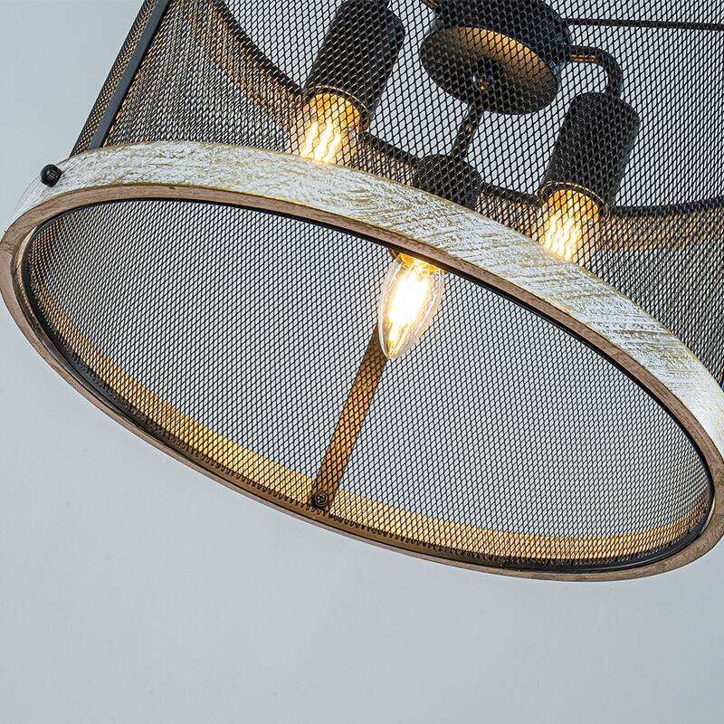 3-Light 16" Black Mesh And Weathered White Wood Frame Rustic Farmhouse Industrial Drum Chandelier Pendant Dining Room - W16''