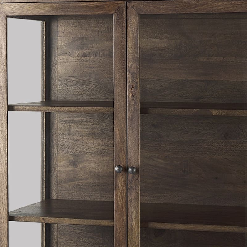 HomeRoots 36" Brown and Black Solid Wood and Metal Display Cabinet With Two Doors