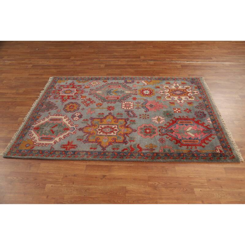 Hand Knotted Oriental 100% Wool Carpet Traditional Geometric Greys & Charcoal Kazak Area Rug - 5' 10'' X 4' 0''