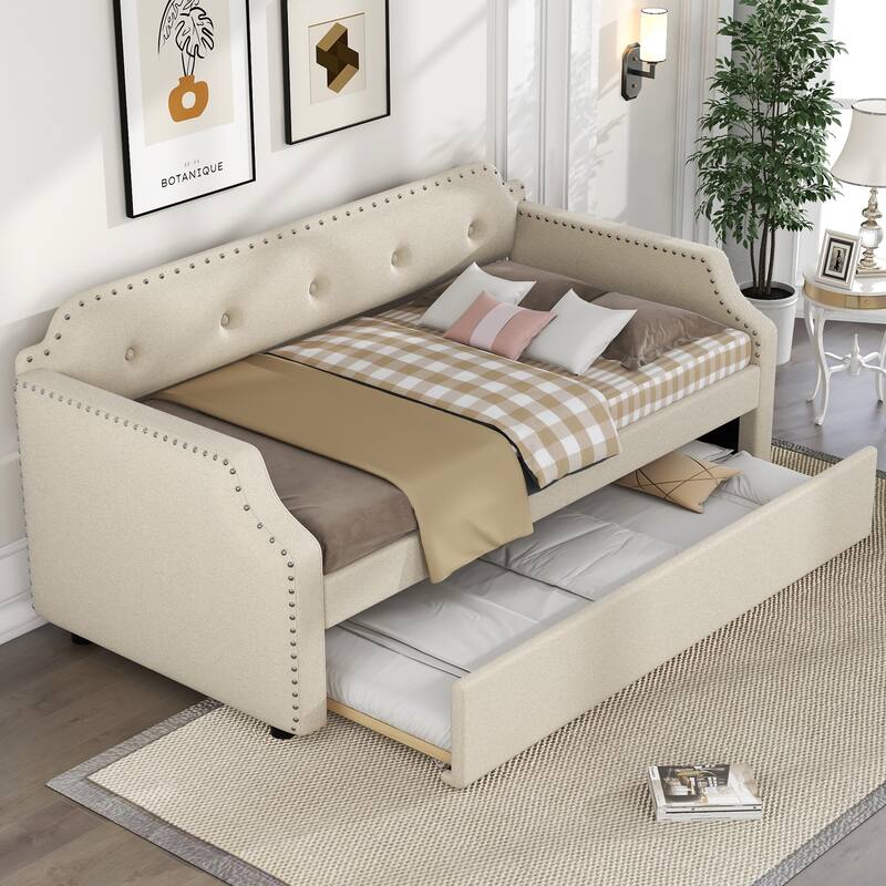 Twin Upholstered Daybed with Trundle and Nailhead Trim, Wood Slat Support
