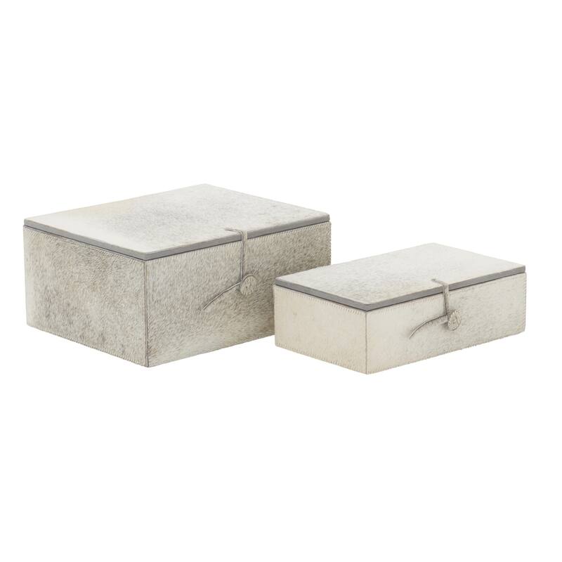 Leather Handmade Decorative Box with Hinged Lid - Set of 2 Gray, Brown, Dark Brown, Gold, Silver - Roche River Decor