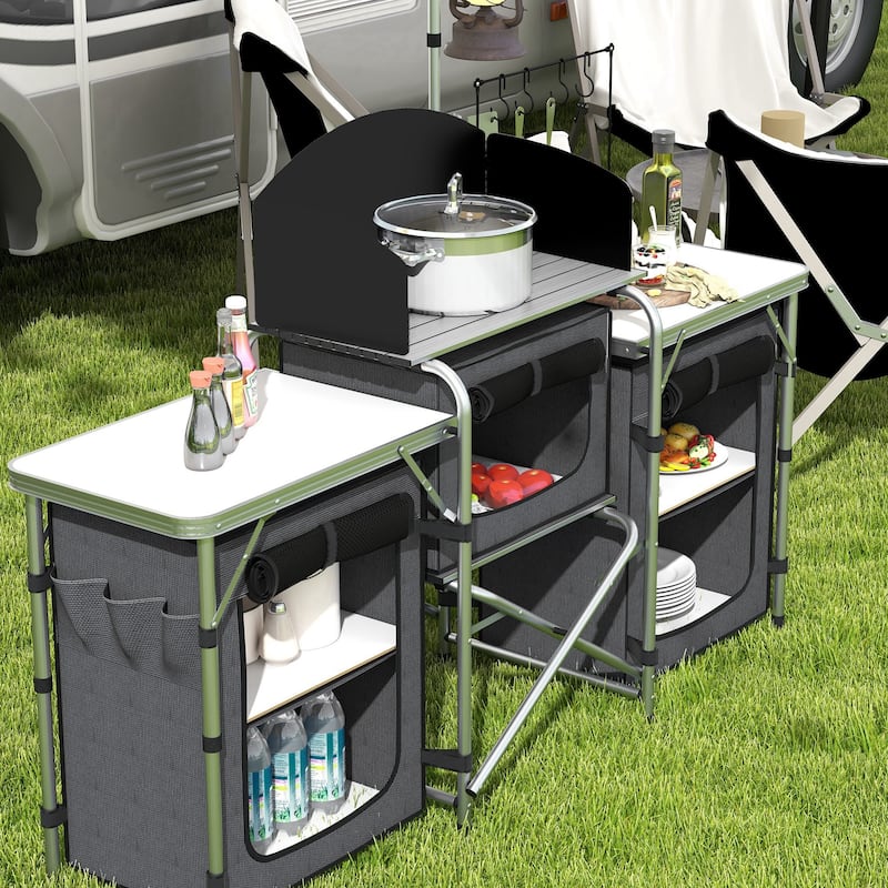 Outsunny Camping Kitchen Table, Portable Folding Camp Kitchen, Aluminum Cook Station with 3 Fabric Cupboards, Windshield