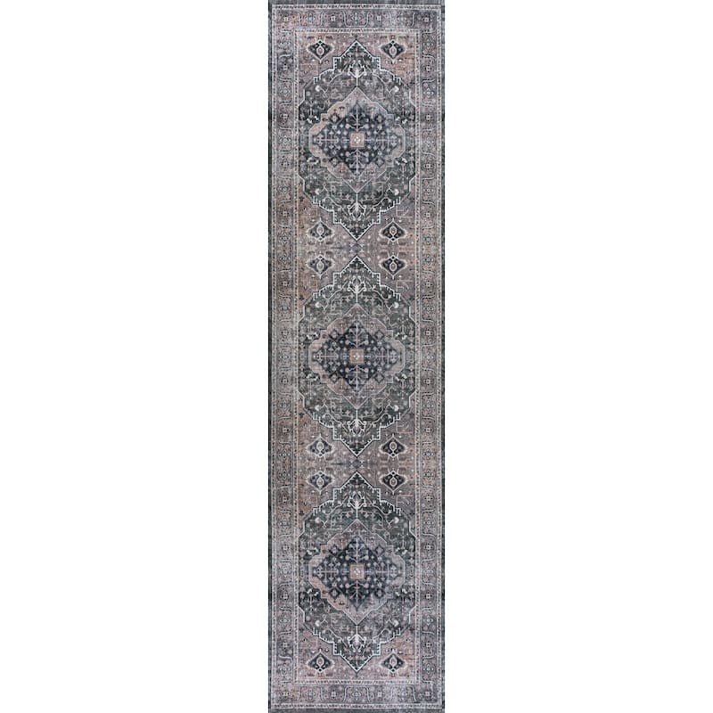 JONATHAN Y Kemer Ogee Medallion Machine Washable Area Rug - 2 X 8 - Dark Green/Dark Beige