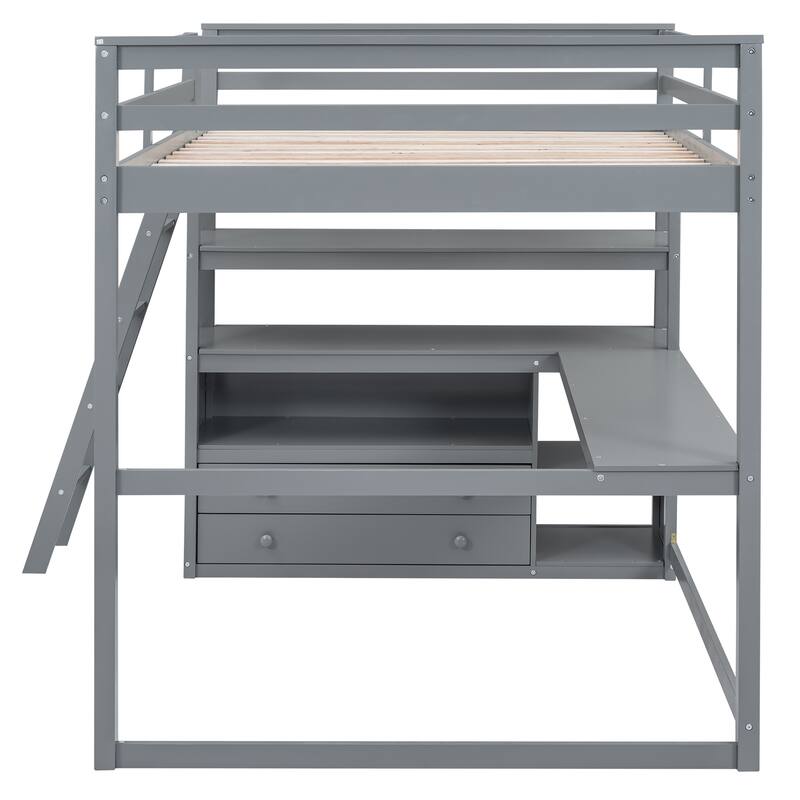 Full Size Loft Bed with Desk, Shelves, and Storage Drawers, Solid Wood Frame