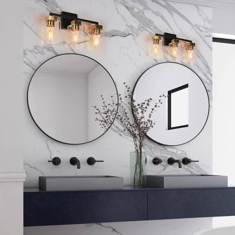 Modern 3-Light Black Gold Square Glass Bathroom Vanity Light Linear Wall Sconces