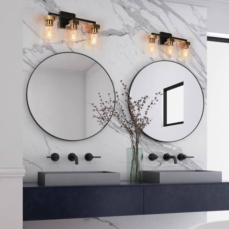 Modern 3-Light Black Gold Square Glass Bathroom Vanity Light Linear Wall Sconces