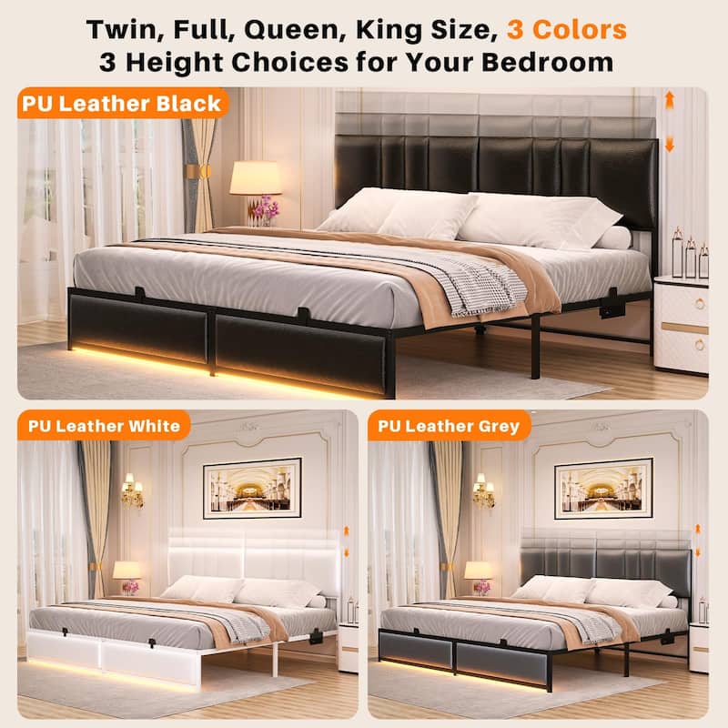 Platform Bed Frame with Ajustable Upholstered Headboard, Bed with USB Port and Charge Station