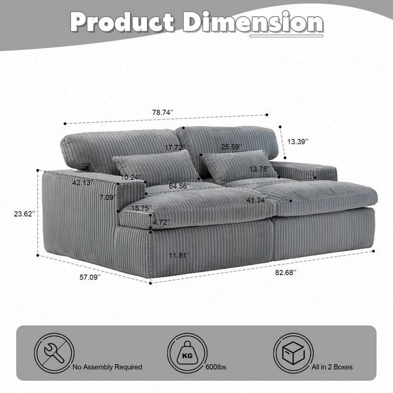 Double Chaise Lounge Sofa - Upholstered Sleeper Cloud Couch, No Assembly, Corduroy - Living Room, Bedroom