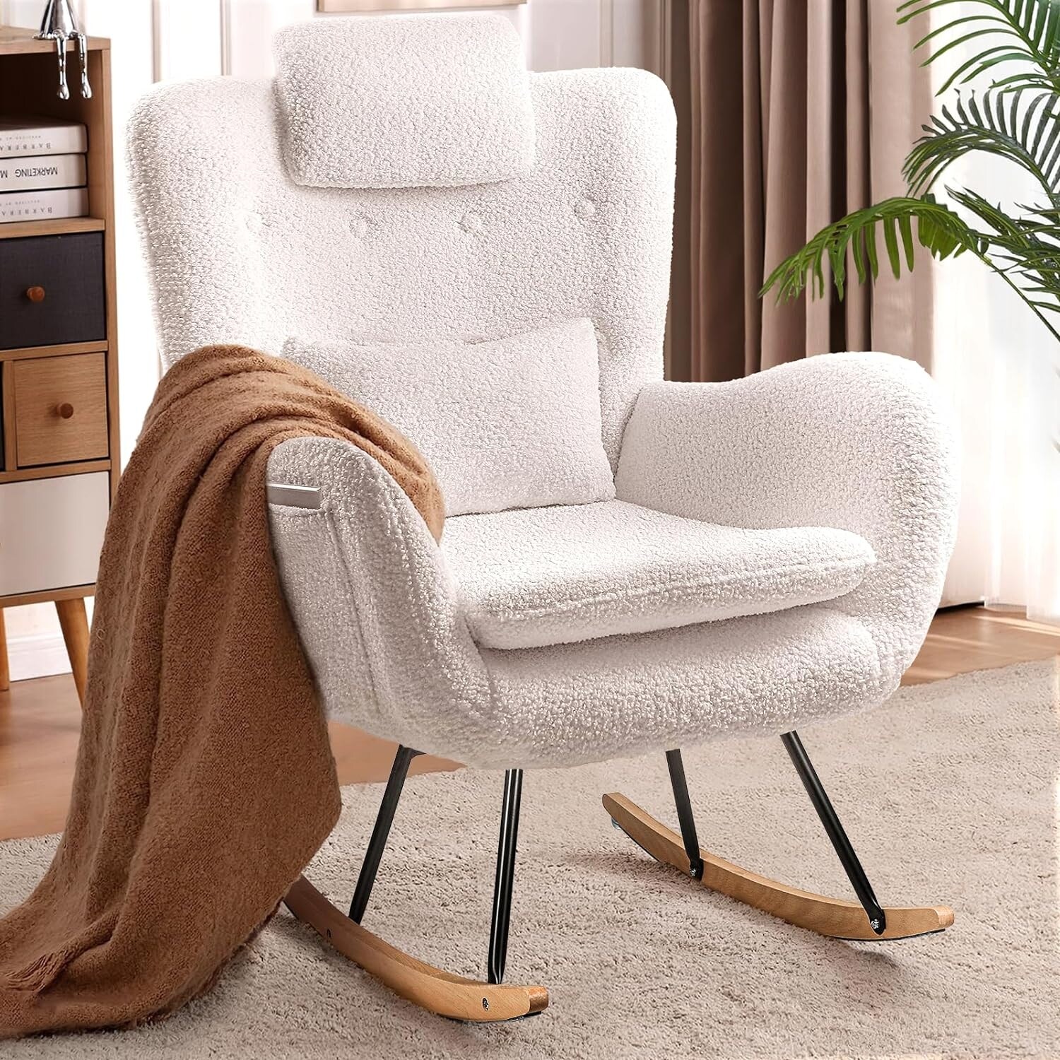 BOSSIN Teddy Fabric Nursery Rocking Chair with Side Pocket High Backrest Accent Chair with Padded Seat and Headrest Bed Bath Beyond 39485418