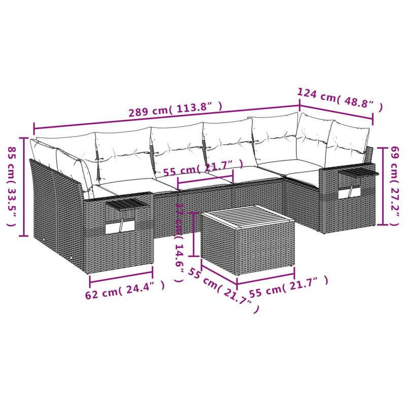 vidaXL Garden Sofa Set 8 Piece with Cushions Outdoor Sofa Set Poly Rattan - 21.7 x 21.7 x 14.6 in (W x L x H)