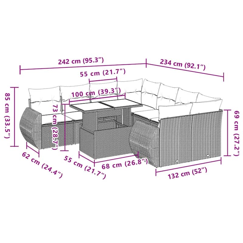vidaXL Patio Sofa Set with Cushions Outdoor Furniture 9 Piece Poly Rattan - 24.4 x 24.4 x 27.2