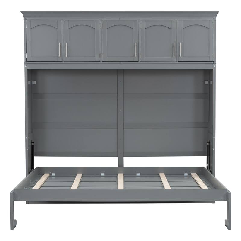 Queen Size Murphy Bed Hide Away Bed with Top Cabinets, Grey
