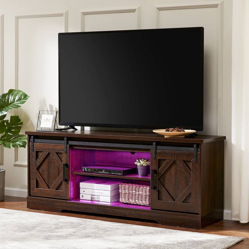 Farmhouse Sliding Barn Door TV Stand Rustic Gray for TVs up to 65" - Brown+Colorfullight