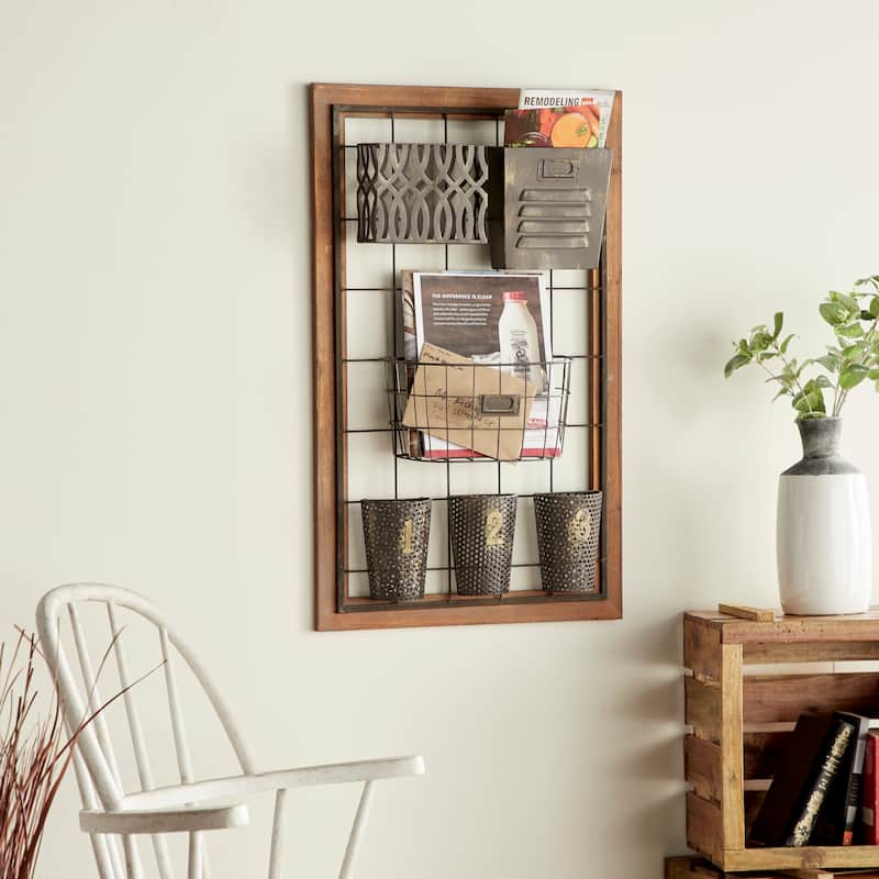 Brown Metal 1 Slot and 5 Baskets Magazine Rack Holder with Suspended Baskets and Label Slot - Brown