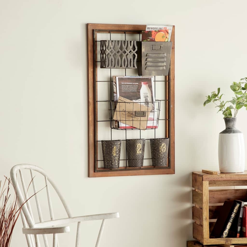 Brown Metal 1 Slot and 5 Baskets Magazine Rack Holder with Suspended Baskets and Label Slot