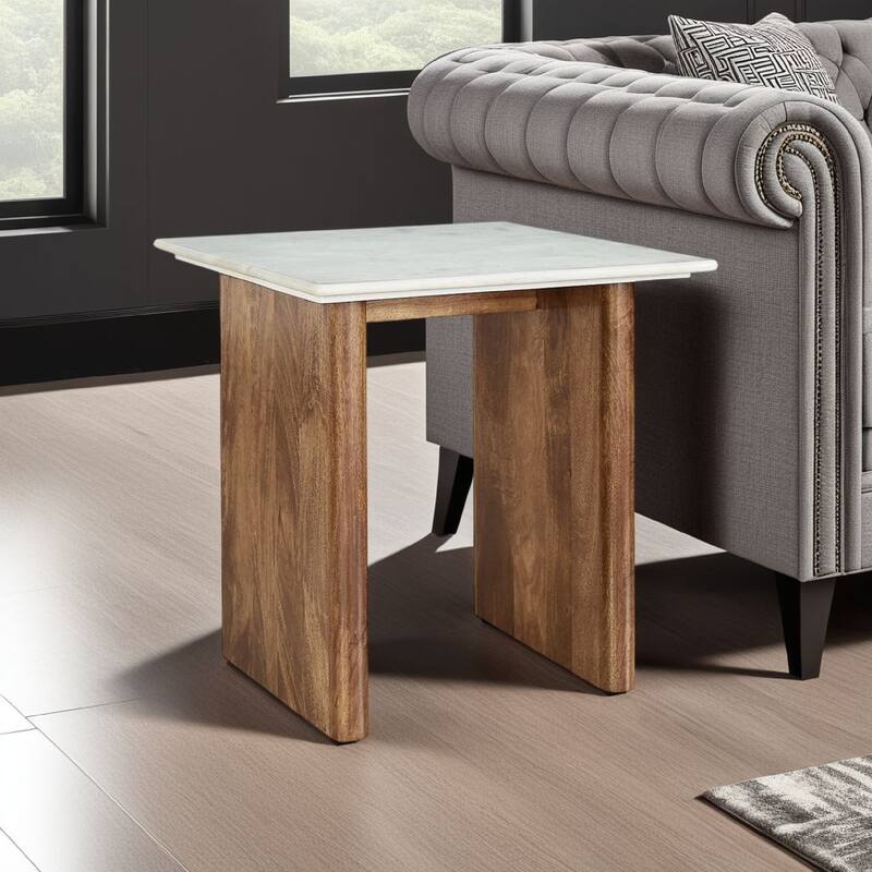 Wrenn Side End Table, Marble Top, 24 Inch Rectangular Brown Mango Wood