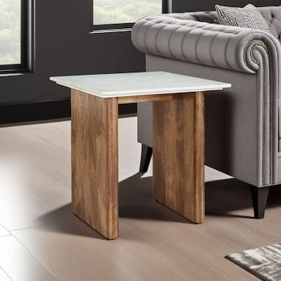 Wrenn Side End Table, Marble Top, 24 Inch Rectangular Brown Mango Wood