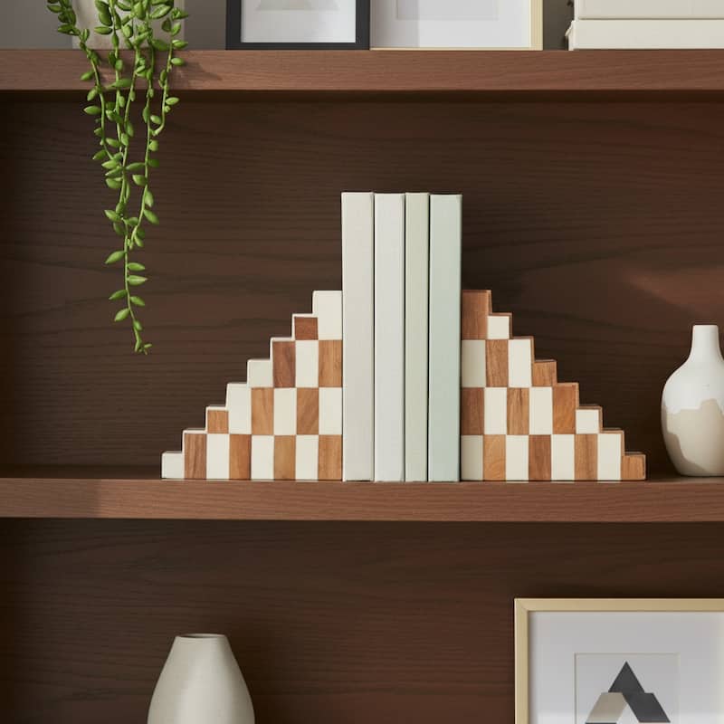 Resin Geometric Checkered Step Bookends - Set of 2, 6", Tan & Ivory - 6.0"