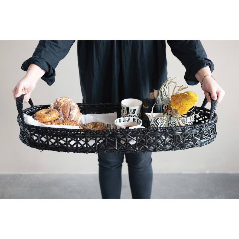 Decorative Hand-Woven Rattan Tray with Handles, Black