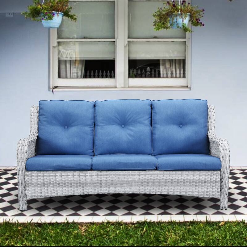 Gymojoy Patio Sofa PE Wicker 3-Seat Sofa - Mix White - Blue