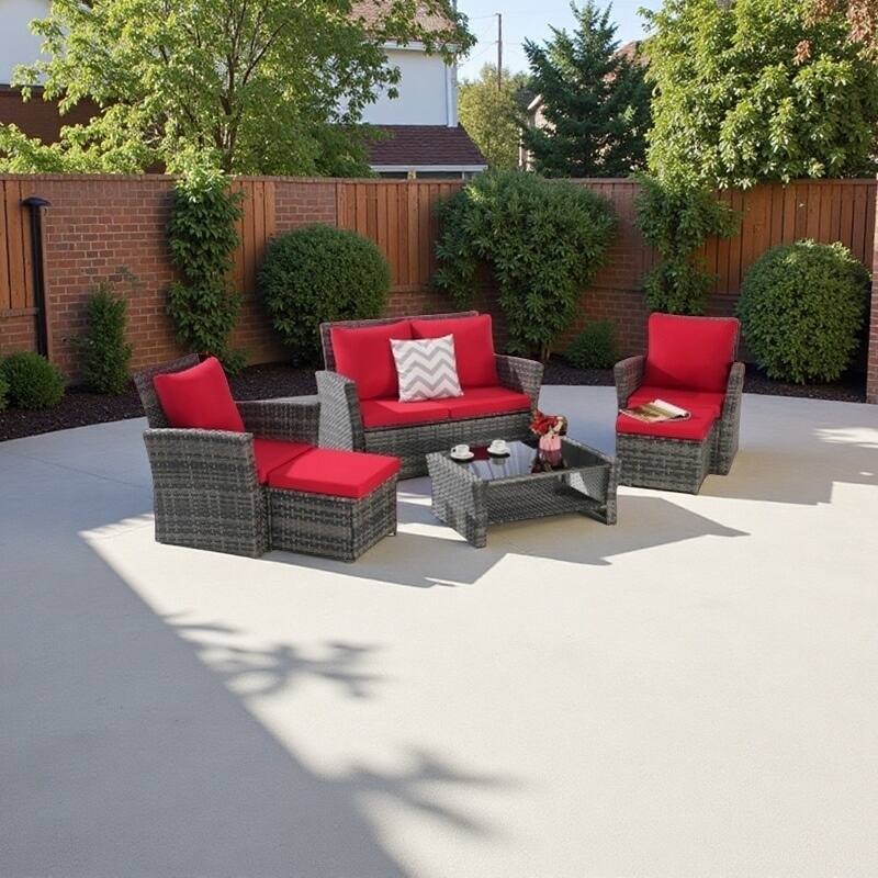 6-Piece Outdoor Wicker Conversation Set with Ottomans and Glass Coffee Table, Cushioned Seating - Red