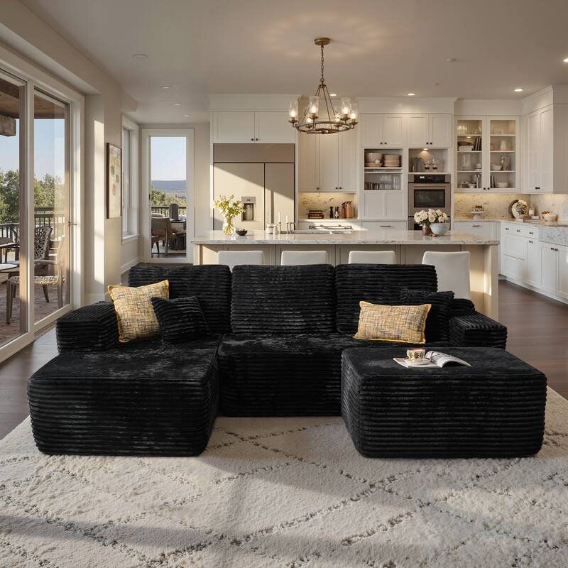 ​​OVIOS Lazy Chaise Lounge Sofa with Ottoman​ - LeftPlush-Black