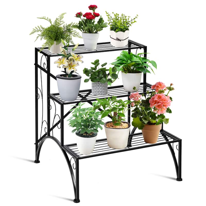 Costway Plant Rack 3-Tier Metal Plant Stand Garden Shelf Stair Style - 24''x 24.5'' x 27'' - Black - 24''x 24.5'' x 27''