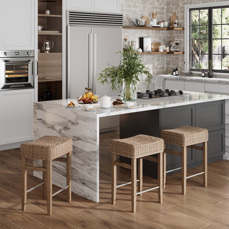 Harvey Rattan Bar Stool, Bohemian Counter Height Stool with Woven Seagrass Seat, Solid Wood Legs, and Metal Footrest