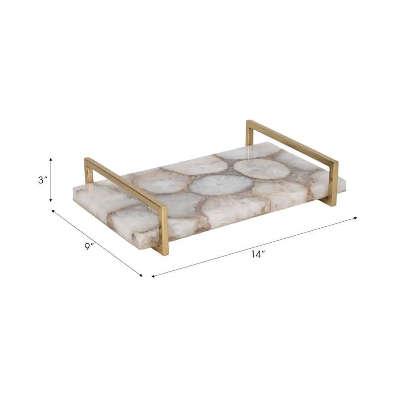Rectangle Agate Tray with Metal Handles -Home Decor - 14", Ivory & Tan - 14.0"