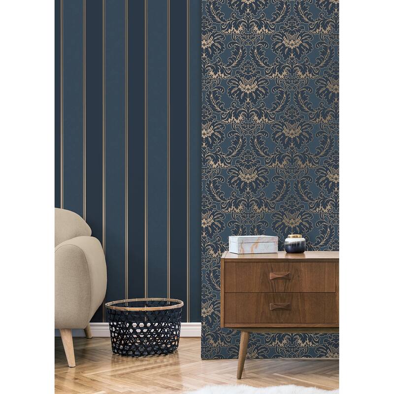 Brewster Rydia Blue Stripe Wallpaper