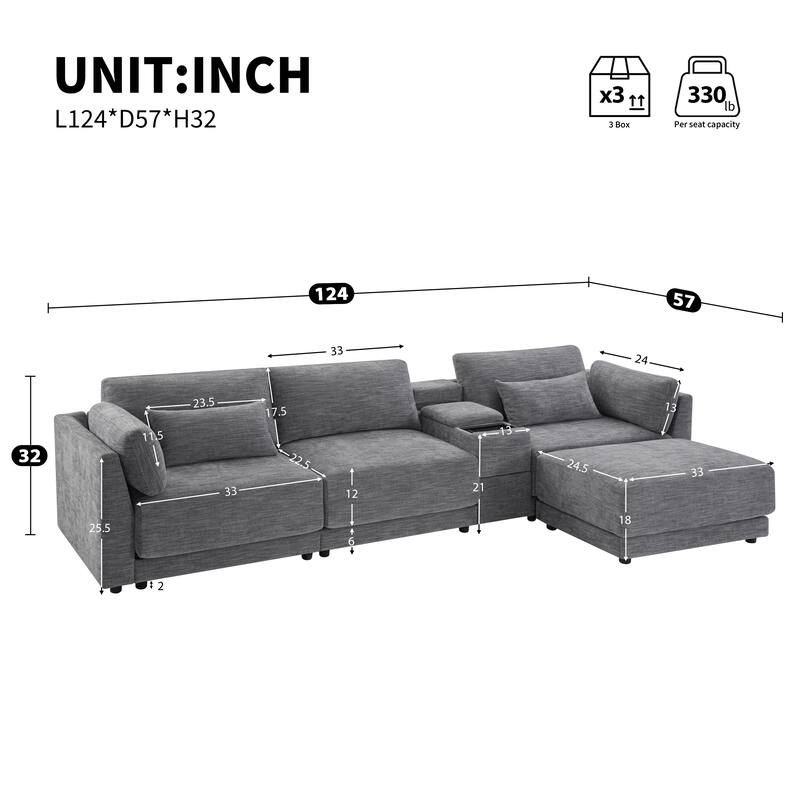 Roomfitters Modular Chenille Sofa with USB Console, Movable Ottoman and Wide 4-Seat Reversible L-Shaped Couch