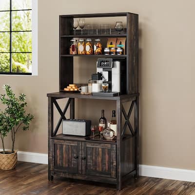 Baker's Rack Coffee Bar Cabinet Microwave Stand Rustic With Power Outlet