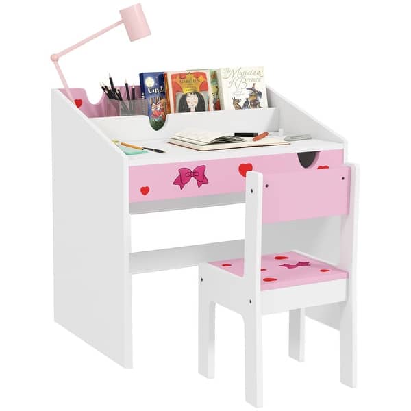 slide 2 of 9, Qaba Kids Desk and Chair Set, Kids Study Desk with Storage, Student Writing Desk for Bedroom & Study Room with Drawer Pink