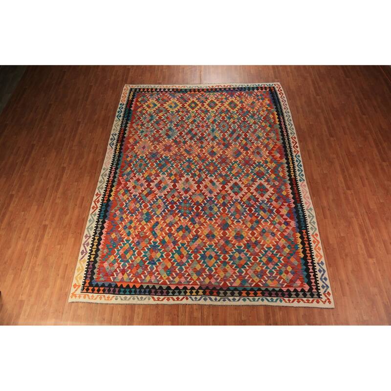 Geometric Kilim Oriental Area Rug Hand-Woven Tribal Orange Wool Carpet - 10'1"x 12'11"