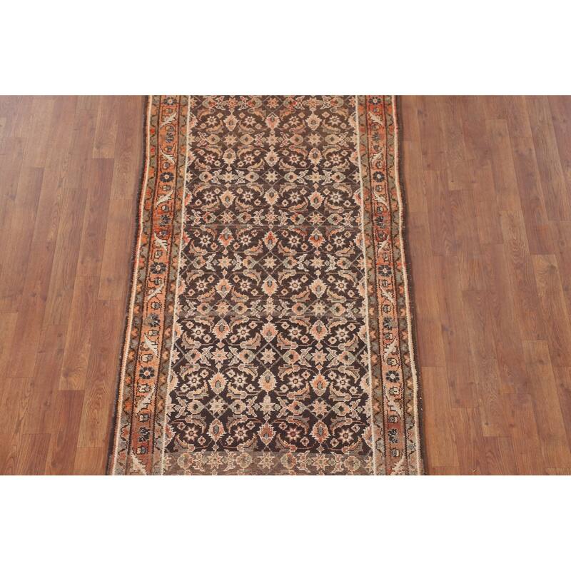 Brown Hamedan Persian Vintage Runner Rug Handmade Wool Carpet - 3'4"x 10'5"