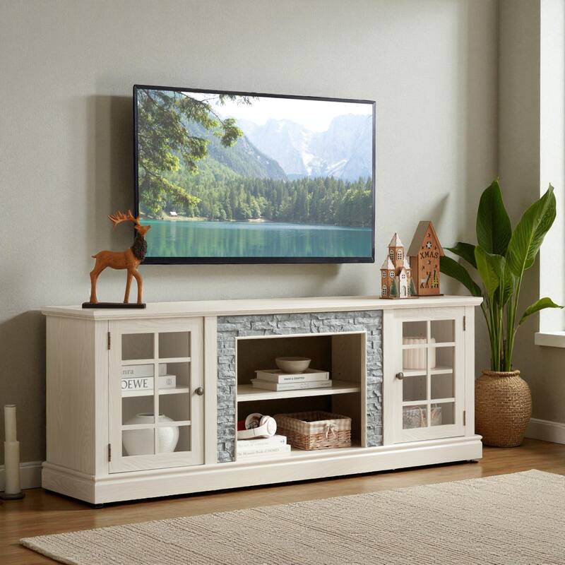70'' Modern TV Stand for 75'' TV, Faux Stone Media Console with Cabinets, Cable Management & Adjustable Shelves