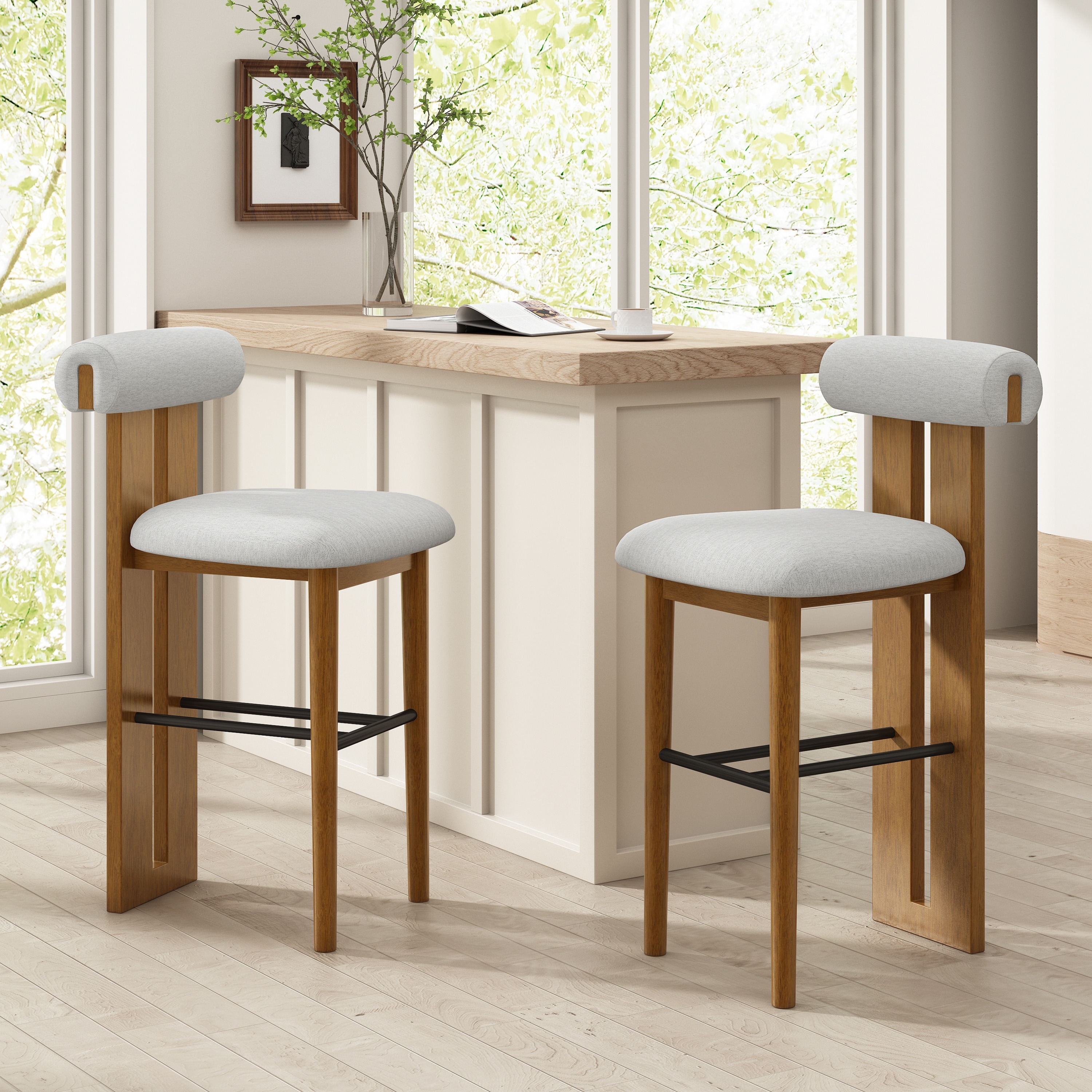 Christopher Knight Home - Renee Modern Bar Stool Set, Upholstered Solid Wood Frame & Cloud-Top Backrest