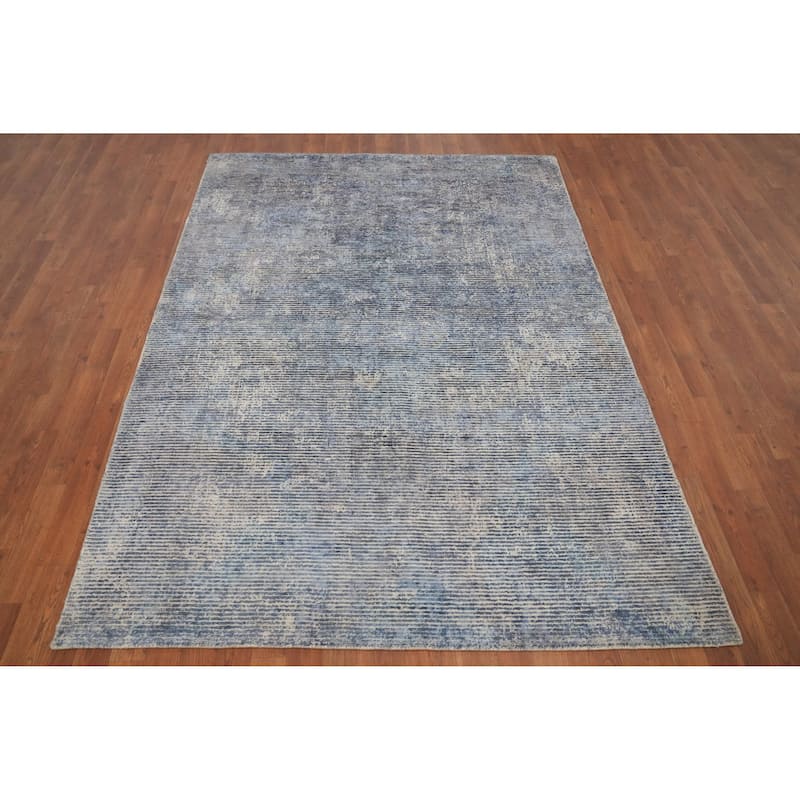 Hand Knotted Oriental Viscose Silk Carpet Modern All-Over Navy Blue & Blues Abstract Area Rug - 7' 8'' X 5' 6''