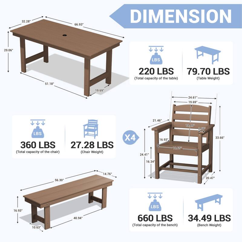 6-Piece HDPE Outdoor Dining Table Sets with Umbrella Hole - 1-Table 4-Chairs-1-Bench