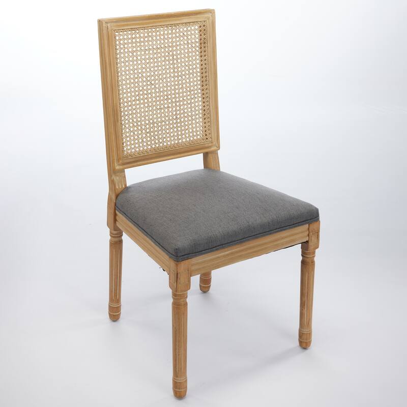 French Decor Chairs Set of 2, Louis Dining Chairs with Square Rattan Backrest and Exquisitely Carved Solid Wood Frame, Gray